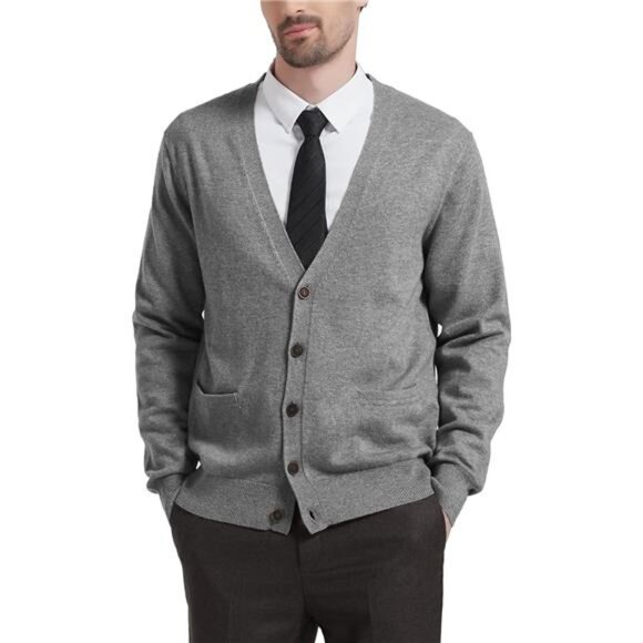 Men's Cardigan Sweaters Wool Blend V Neck Grey - Picture 1 of 7